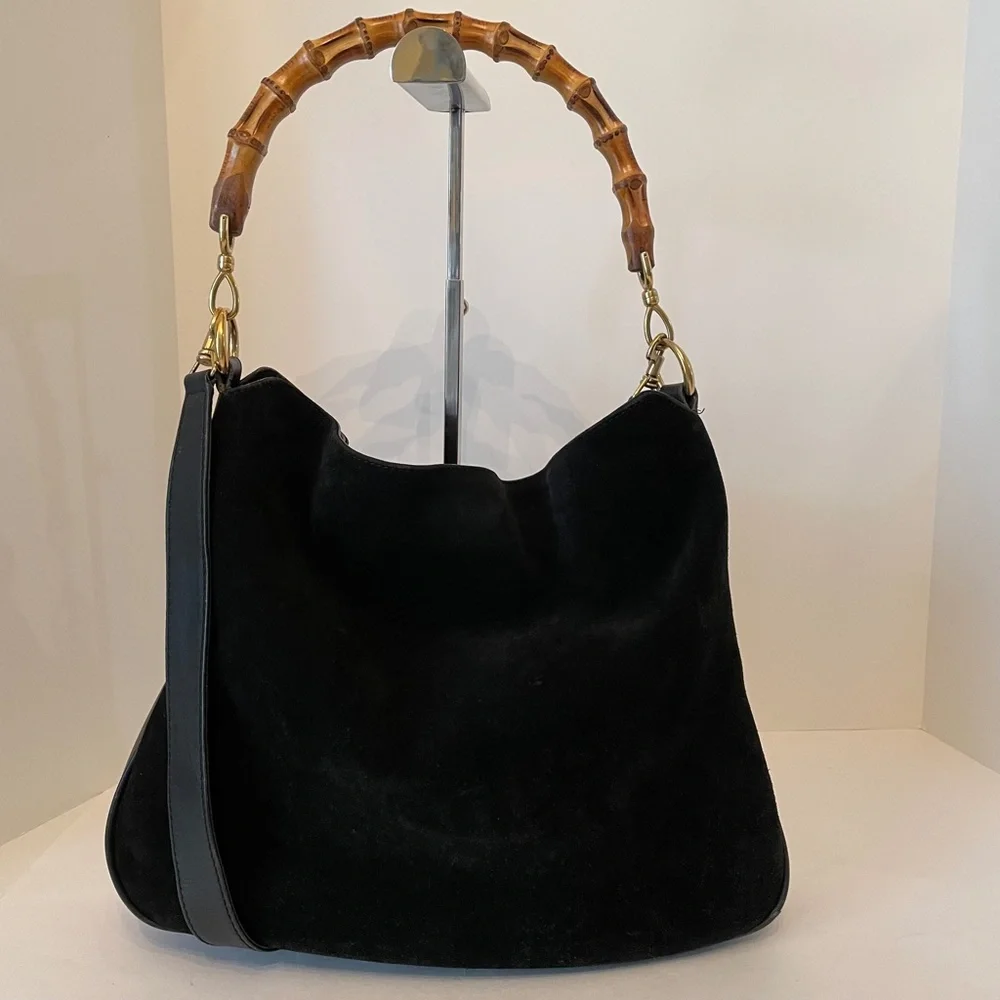 Gucci Suede Leather Bamboo Handle bag w/Strap Black Vintage - Picture 4 of 16